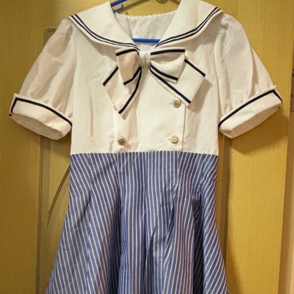 Secret Honey Blue and White Summer Sailor Dress with Lace-up Back